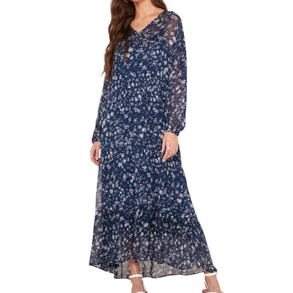 Free People Navy White Floral Long Sleeve Back Tie Blouson Bohemian Midi Dress - Picture 3 of 16
